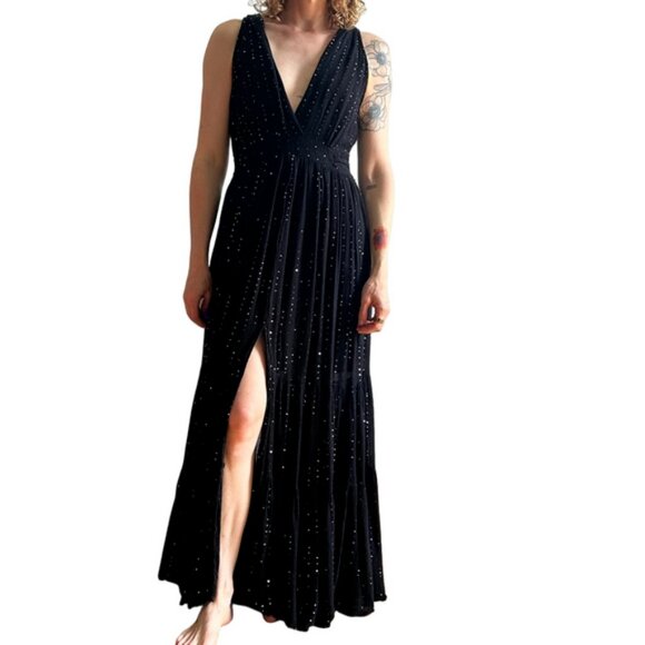 Sundress Sz M L Black Gauze Sequin V Neck Maxi Dress - Picture 1 of 13